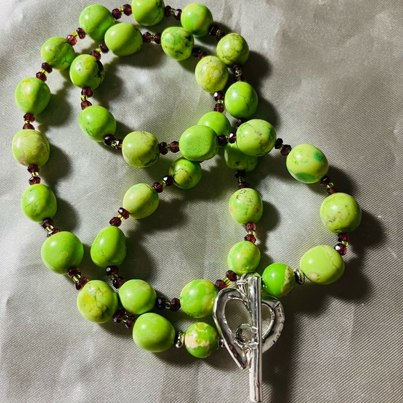 Green Turquoise Silver Heart Toggle Necklace + Clear Quartz-Garnet Necklace - Picture 5 of 7